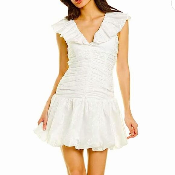 ML Monique Lhuillier  White Cocktail Party Dress with Puff Cap Sleeves - Picture 6 of 14
